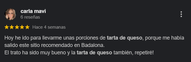 Reseña de 5 estrellas de Carla mavi en Google sobre la tarta de queso de Waraat en Badalona.
